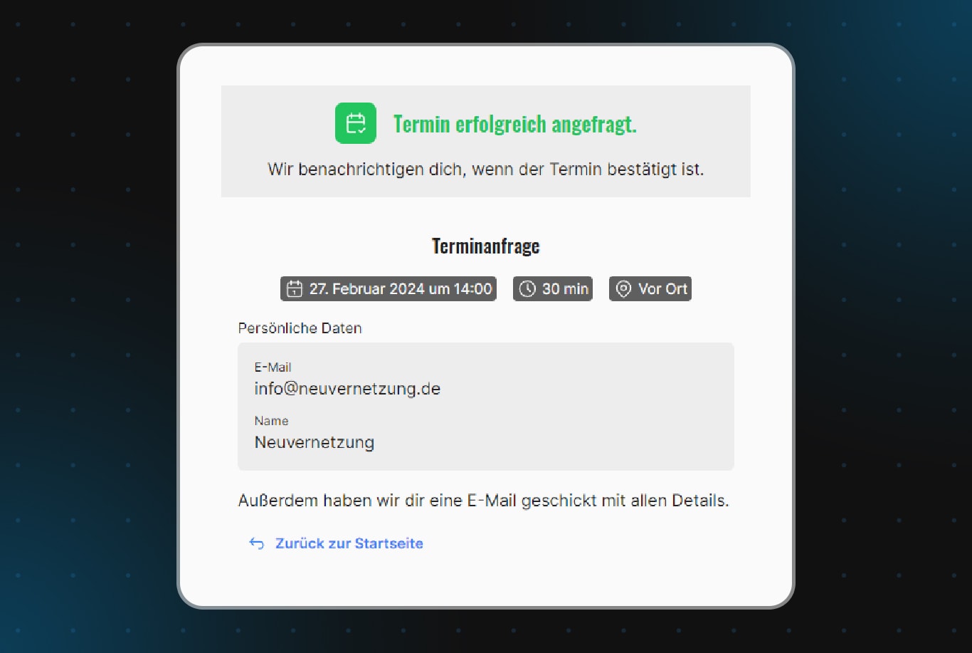 Ein Termin, der erfolgreich von einer Webseite aus angefragt wurde