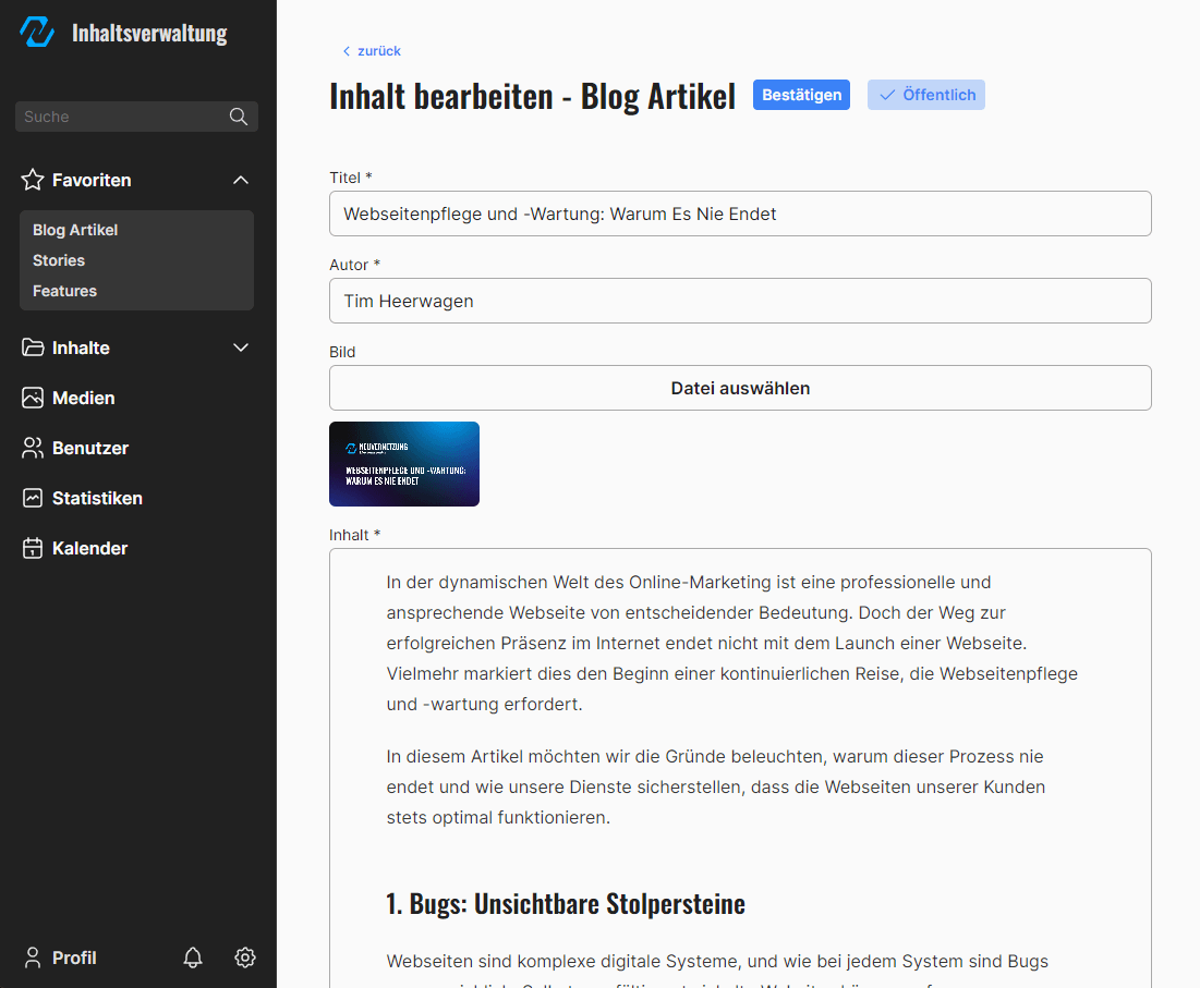 Screenshot der Inhaltsverwaltung wo ein Blogartikel bearbeitet wird