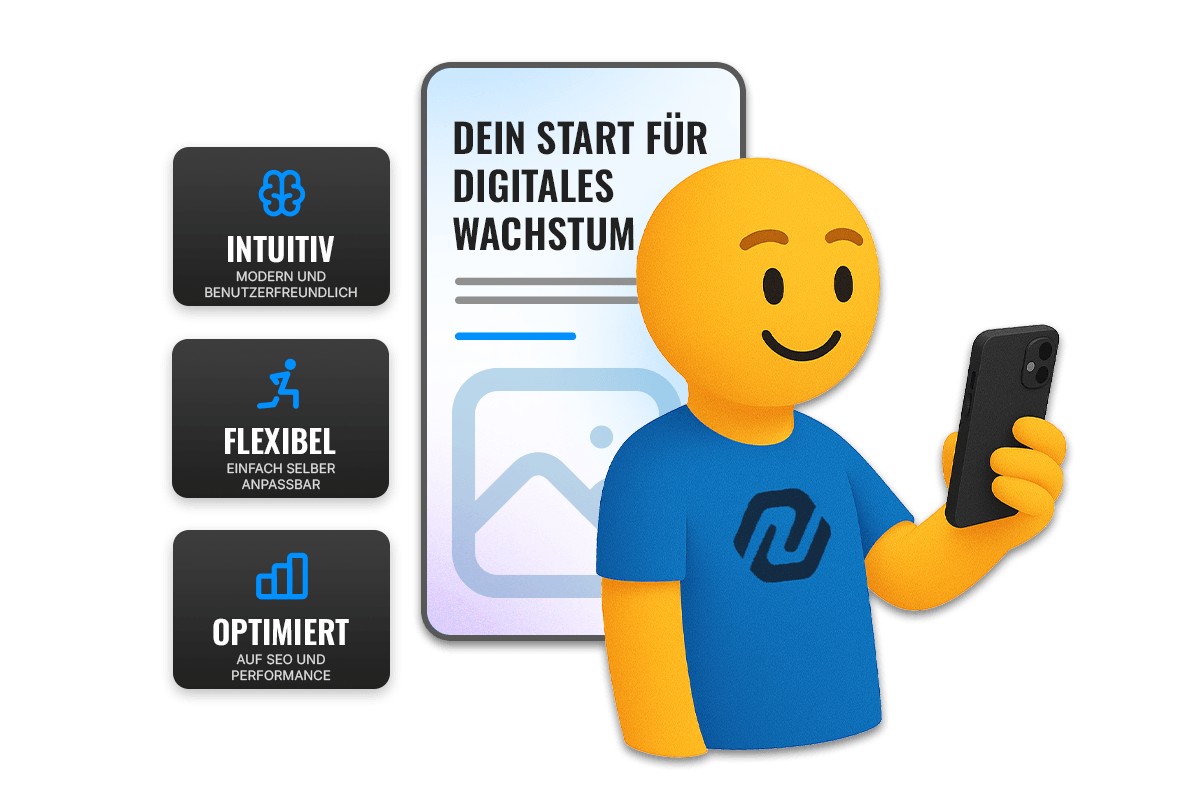 Fröhliche stilisierte Figur in Blau mit Smartphone und Logo auf dem Shirt, ideal zur Darstellung digitaler Kommunikation oder Apps.