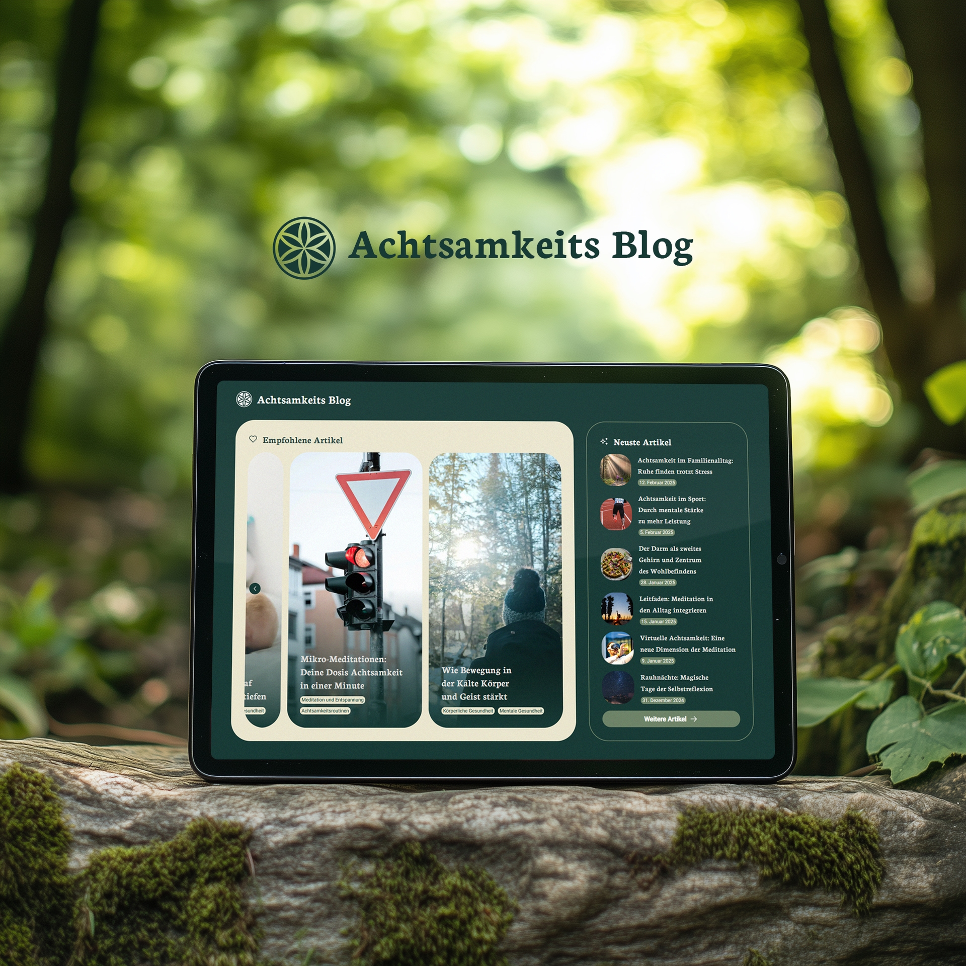 Dieses Thumbnail stellt ein Tablet dar, welches in einem Wald steht und den Achtsamkeits-Blog geöffnet hat.